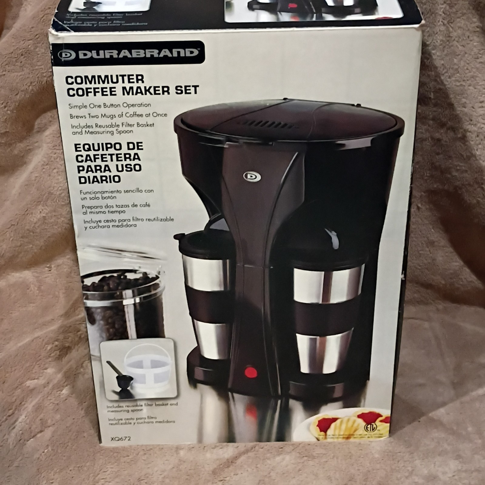Durabrand XQ672 Filter Coffee Maker, 2 Cups, Reusable Basket, Black/Silver