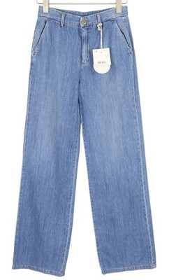 LIU JO Damen Jeans W27 hellblau Straight Fit Zip Fly High Waist Logo *