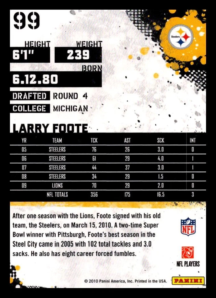 2010 Score #99 Larry Foote - Image 2 of 2