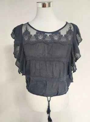 Hollister blouse t-shirt S manches courtes bleue à volants avec broderie - Photo 1/4