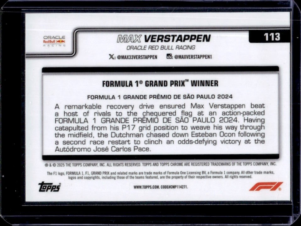 2025 Topps Chrome F1 Max Verstappen Teal Refractor Grand Prix Winners #/299 view 2