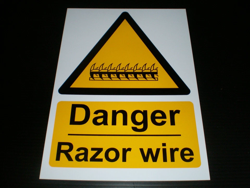 DANGER RAZOR WIRE sign or sticker hazard security barbed spikes wall fence gate