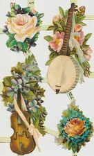 VIOLIN-BANJO-FLOWERS Die Cut Paper Scrap Book Mamelok Press Ltd, Edmunds,England
