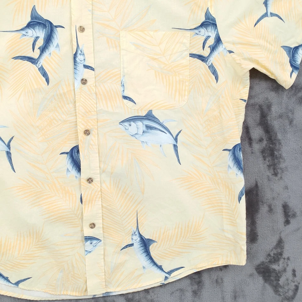 Camisa deportiva con botones Monte Carlo tema pez XL amarilla algodón informal manga corta Foto 3 de 4