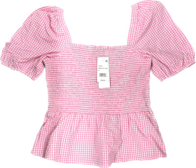 French Connection Begonia Pink Gingham check Stretch Smocked Peasant Top, Medium