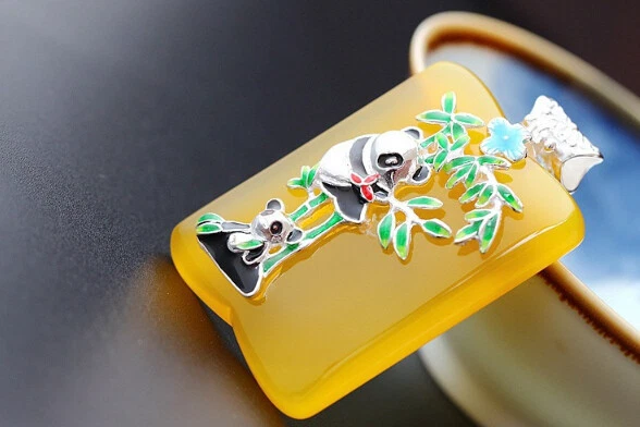 D10 Rimorchio Panda Orsetti Su Gialla Calcedonio 925 Argento Sterling - Immagine 4 di 4