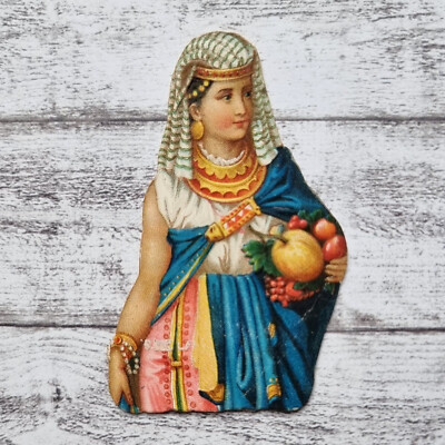 um 1900 Frau Tracht Kette Orient Arabien Obst Victorian Glanzbild Ephemera alt