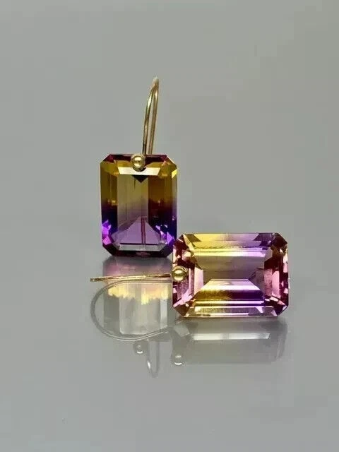2Ct Emerald Cut Lab Created Ametrine Drop Dangle Earrings 14K Yellow Gold Plated - Image 2 of 4