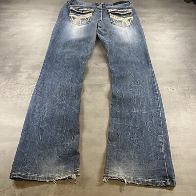 Rue21 Flare Jeans Women 10 29x32 Blue Denim Bootcut Distressed Gold Flap Pocket