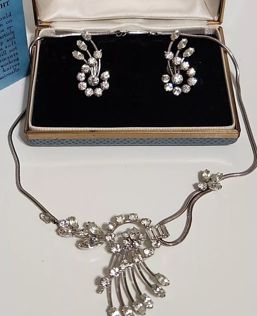 Krementz Silver Tone Vintage Rhinestone Necklace & Matching Krementz Silver Tone Vintage Rhinestone Necklace & Matching