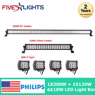 4PCS 4" 18W CREE Spot Pod Lights 52" 300W Philips LED Light Bar Combo 22" 120W 