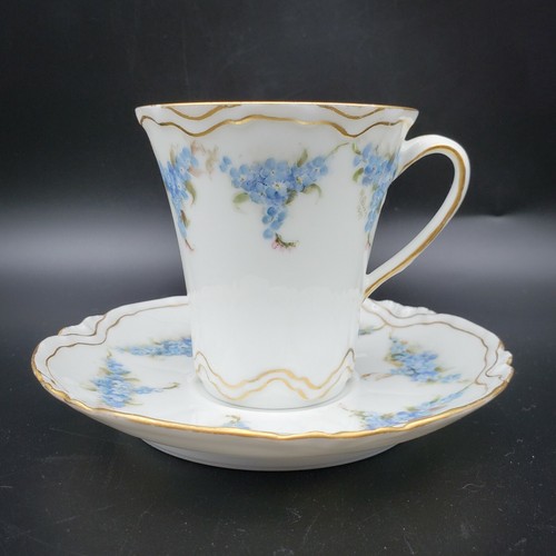 Antigua taza de té y platillo Haviland Francia pintado a mano azul floral dorado firmado - Imagen 4 de 8