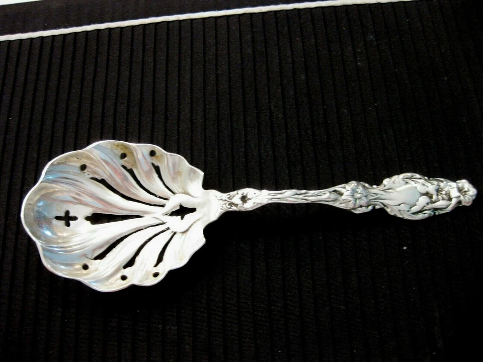 古董Silvercraft纯银9英寸穿孔勺礼来图案 — 第 2/4 张图片