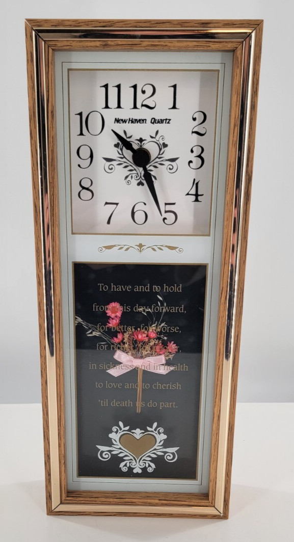 Vintage Box Framed New Haven Quartz Clock with Wedding Vows & Flowers
