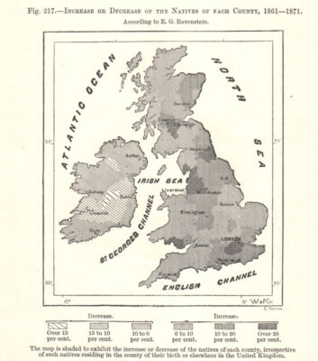Bevölkerungsänderung nach Grafschaft 1861-71. Ravenstein. Britische Inseln. Skizzenkarte 1885