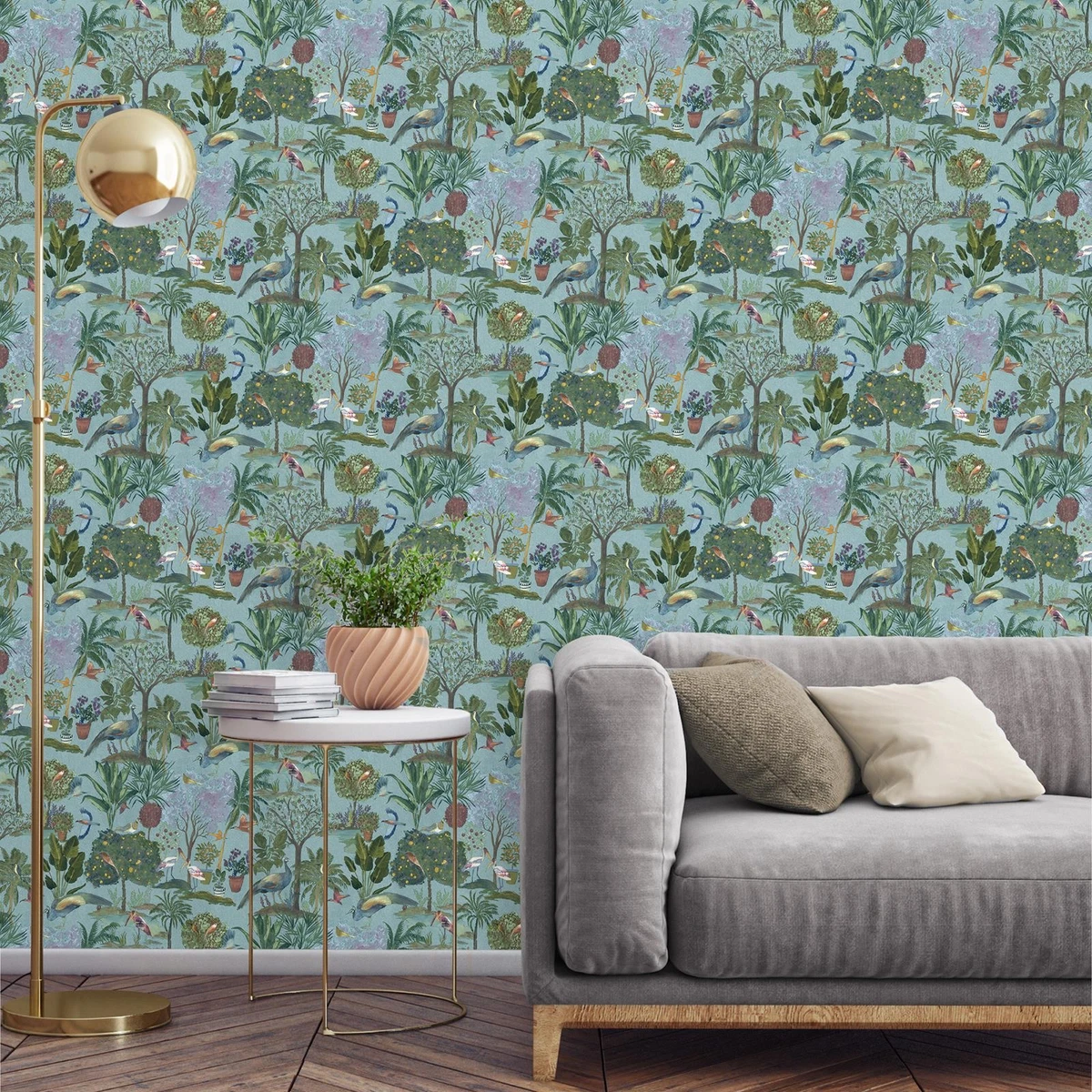 Papel pintado azul verdoso paraíso jardín árboles flores aves verde selva WOW177