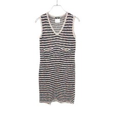 CHANEL Tweed Knit Dress Sleeveless Striped Rayon Cotton Nylon Navy