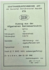 Simson KTA Papiere DDR S51/1 E Blanko wahlweise mit Stempel