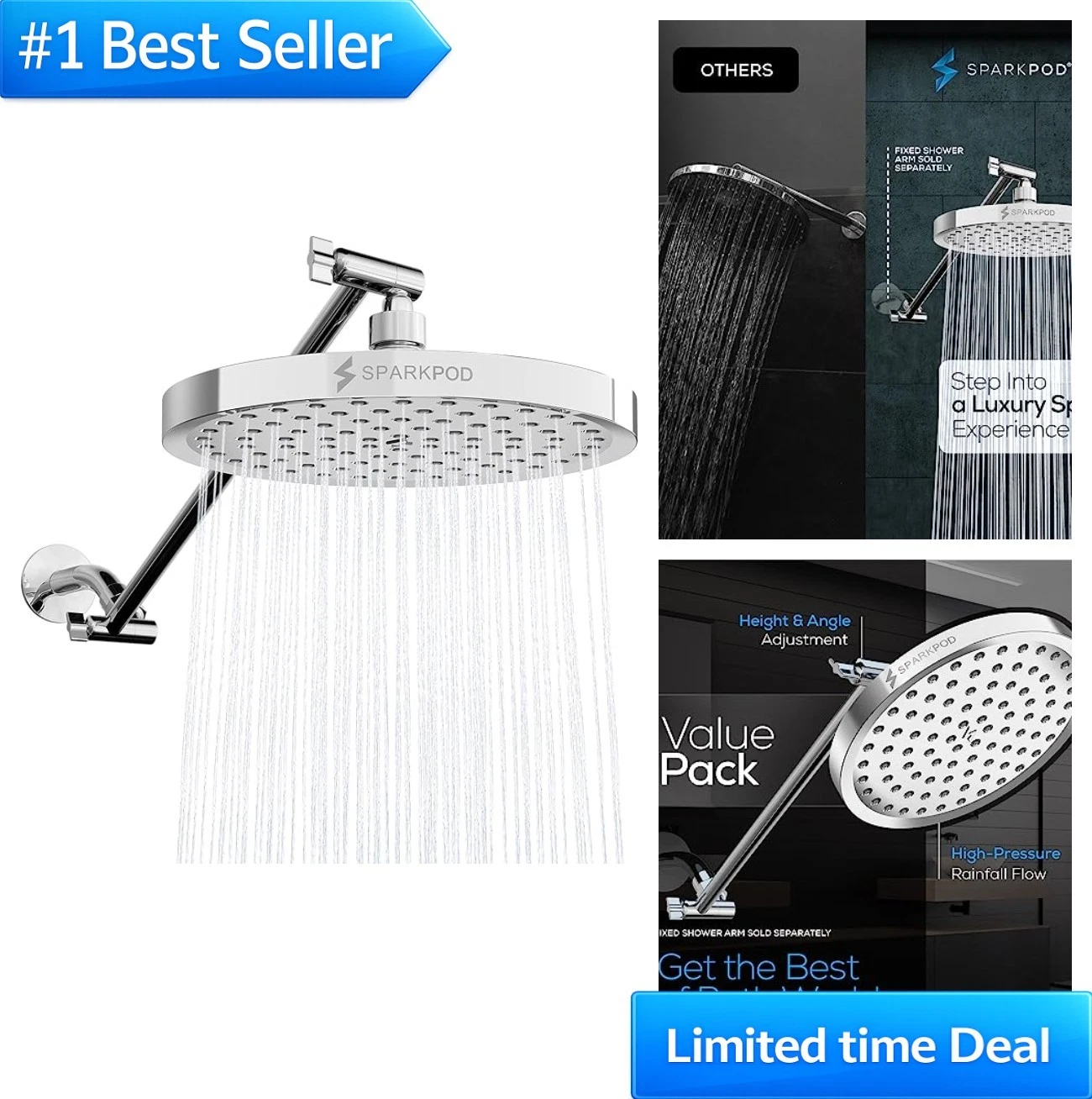 Round Rain Shower Head with Extension Arm Adjustable High Pressure Chrome 8 Inch
