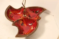 MCM Red Multi Colored Divided Serving Dish 3 Sections Handle USA #843