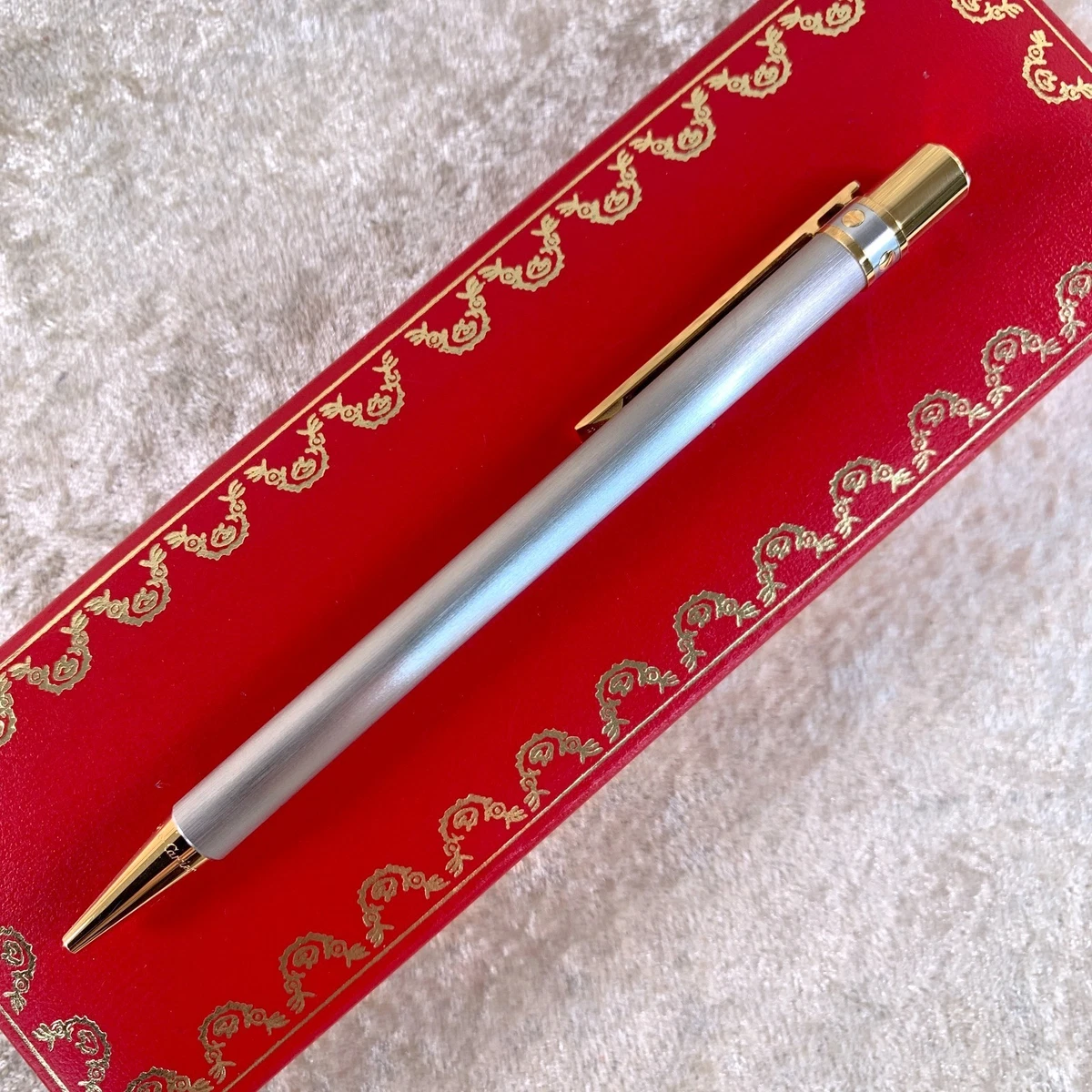 Vintage Cartier Ballpoint Pen Santos Brushed Silver Gold Finished with Case