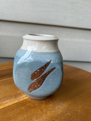 Blue Brown Stroke Art Pottery Small Vase Open Crock Jar 4"-Signed Paz