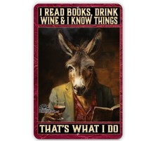 Donkey Sign Read Books Drink Wine metal tin wall art funny decor mule gift