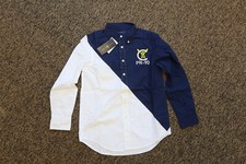 New Ralph Lauren Boy's Colorblock Button Down Shirt - SMALL 8 - White / Navy