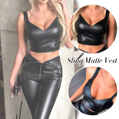 Women's PU Leather Crop Top - V-Neck Sleeveless Tank, Stretchy Slim Fit, Black, Size Large, For Casual & Party Wear