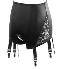 Open crotch garter belt 6 straps retro stretch satin fabric lace