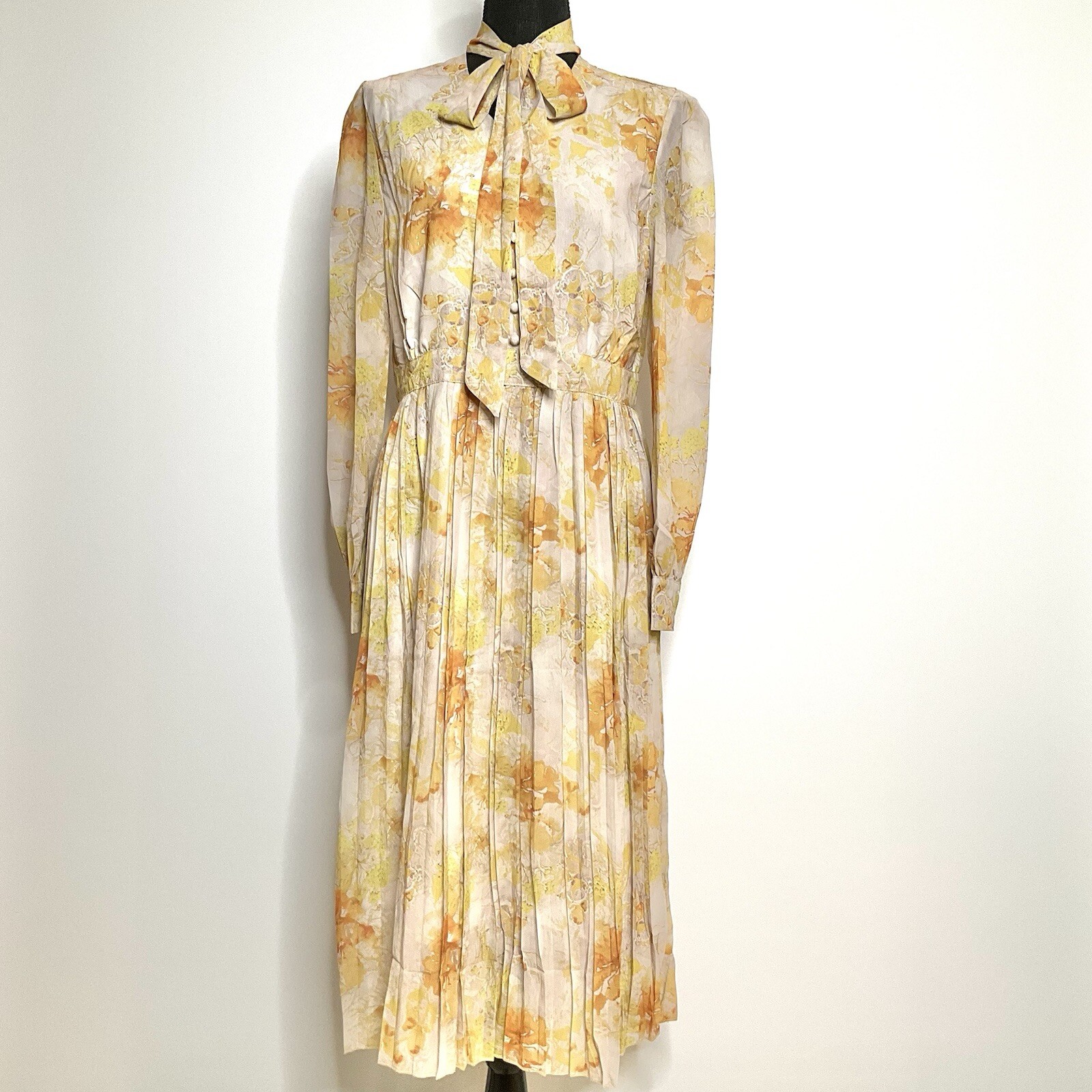 Leaf Print Women's Semi-Sheer Maxi Dress with Tie Neck & Pleated Skirt - Coquette Style Size XL