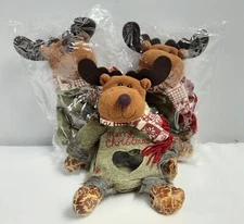 New, Set of Three 9” Christmas Moose Plush Gift Bags -w/Zipper & Window