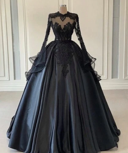 black satin wedding dress Black Gothic Wedding Dress Long Sleeve High Neck Satin Lace Applique  BridalGown