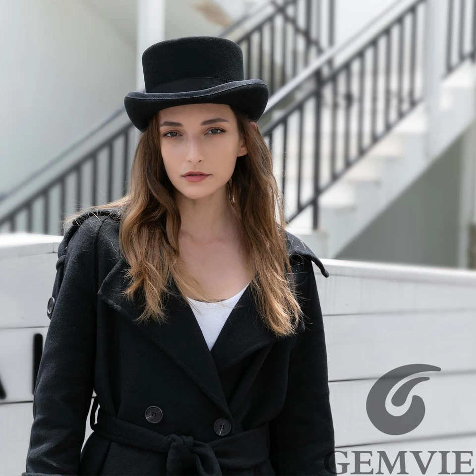 GEMVIE Hombres 100% Lana Sombrero de Top Sombrerero Loco Satinado Forrado Negro Sombreros de Parte Superior Baja para Pa... Foto 3 de 4