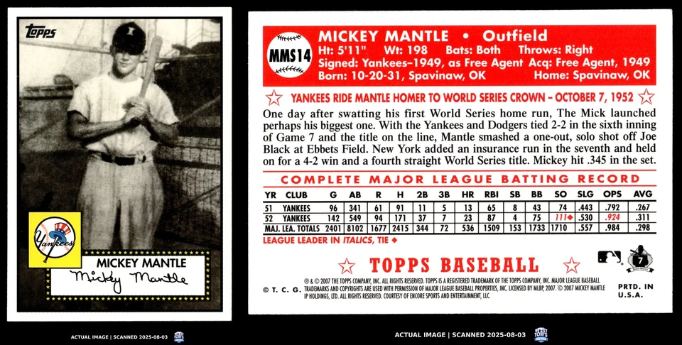 2007 Topps #MMS14 MICKEY MANTLE New York Yankees MT - Image 3 of 4