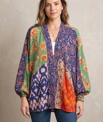  Anna & Ava Mixed Print Patchwork Kimono Cardigan One Bohemian Lagenlook Artsy 