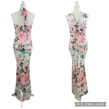 Tropical Floral Venus Tie Neck Halter Maxi Dress Medium Rouched Beach Bodycon 