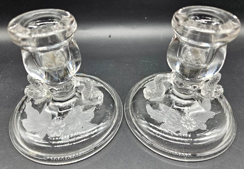 Vintage Pair of Fenton Crystal Clear Dolphin Candlestick Holders 1920 - 1930