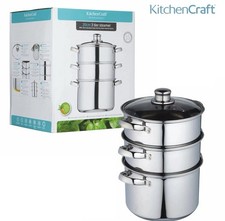 Image of KitchenCraft 3 Tier Food Steamer Pan 20cm Stainless Steel Stock Pot Gift Boxed