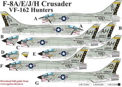 1:32 Decal Vought F-8A/E/J/H Crusader VA-162 Hunters with ste - UpRise UR32208