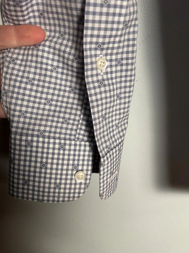 Camisa de vestir Jos A Bank manga larga a cuadros elástica 15 1/2 - 32 azul blanco calce ajustado Foto 4 de 4