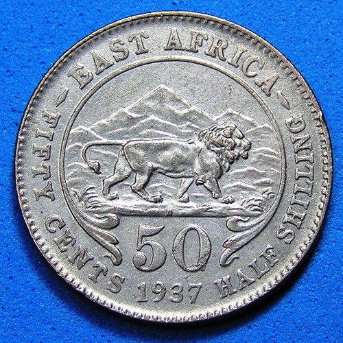 East Africa 50 Cents Silver Coin 1937 H, KM-27, Free S/H after 1st item