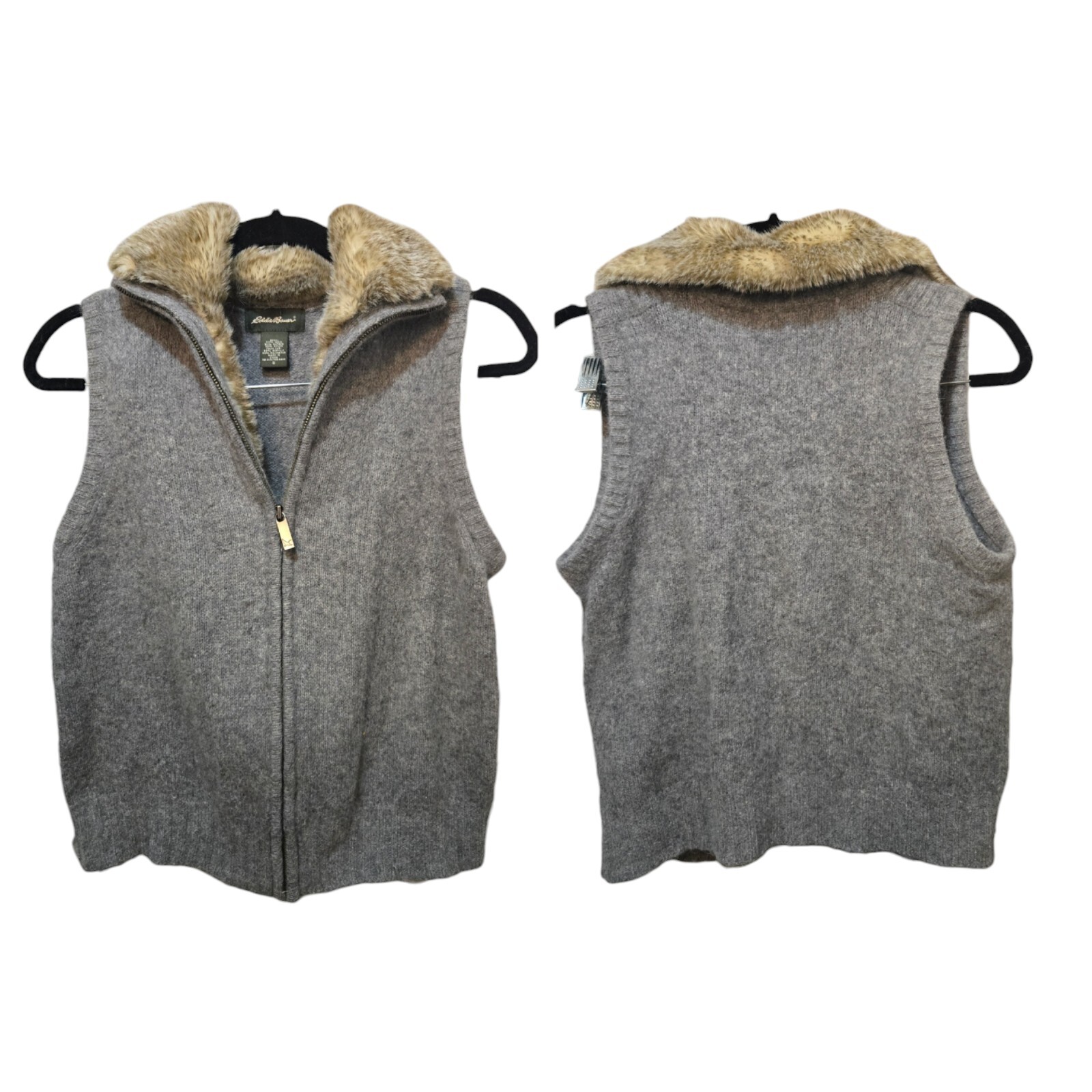 EDDIE BAUER Sweater Vest Womens Small Alpaca Wool Gray Full Zip Fur Sleeveless S