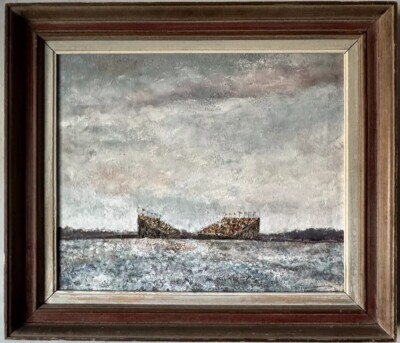 JOHN MORRIS VINTAGE MODERN ABSTRACT SURREALIST LANDSCAPE OIL PAINTING SURREALISM