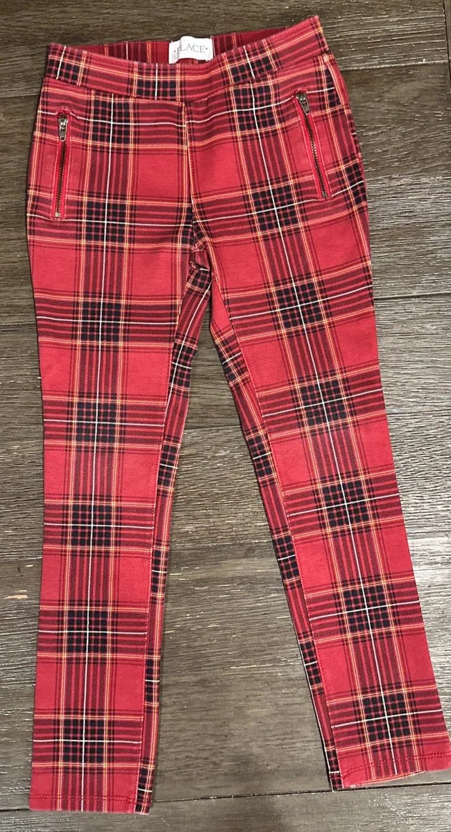 Children’s Place Red Ponte Knit Plaid Leggings Jeggings Pants 6X/7 Zipper  Accent