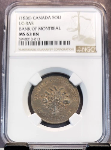 1836 CANADA COPPER 1 SOU LC-3A5 BANK OF MONTREAL NGC MS 63 BN RARE TOP POP