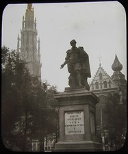 Glas Magische Laterne Dia STATUE VON RUBENS ANTWERPEN UM 1890 ALTES FOTO BELGIEN