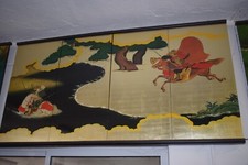 Lackbild, Japan, 4-teilig, zwei Samurai auf Pferden, 24K blattvergoldet,160x85cm