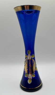 Nasco Japan Cobalt Blue Vase, Gold Gilt, Hand Painted Enamel Flowers 8 