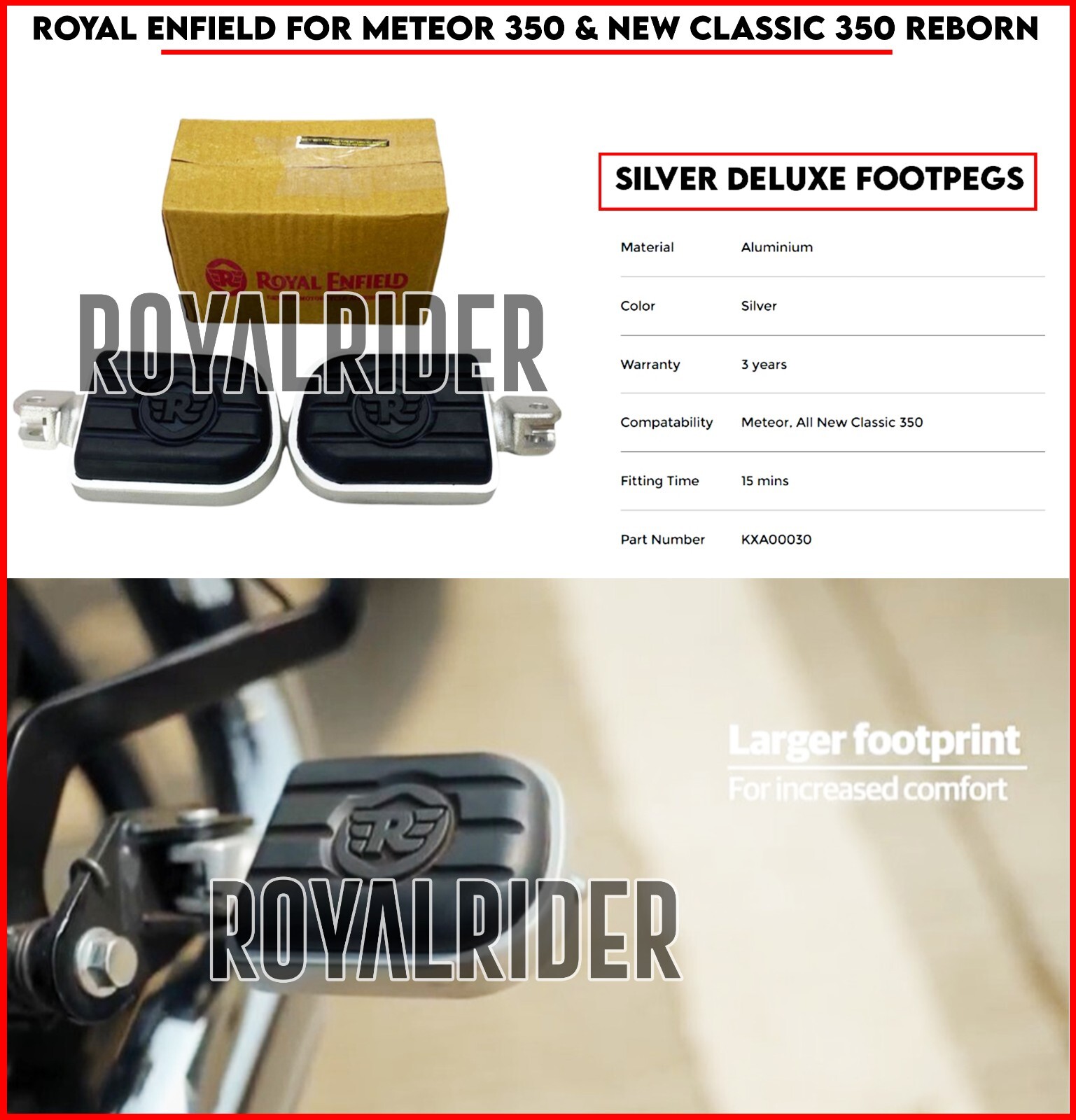 Fits Enfield SILVER DELUXE FOOT PEGS For Meteor 350 & New Classic 350